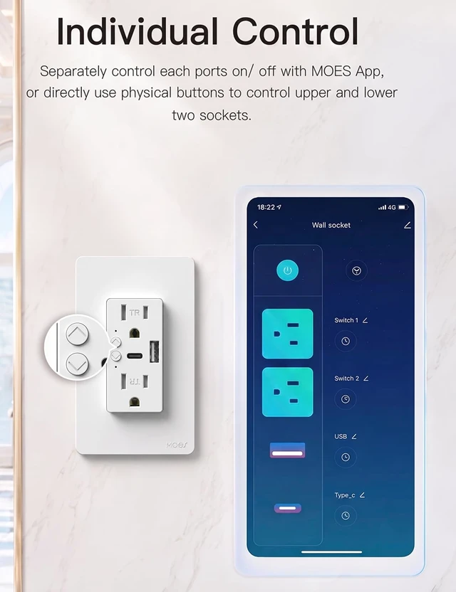 Alt view image 3 of 7 - Smart in-Wall Outlet, USB-C & USB-A, 15A, 2.4GHz WiFi, No Hub Required | Smart Life/Tuya APP Remote Control, Works with Alexa and Google Assistant for Hands-Free Voice Control