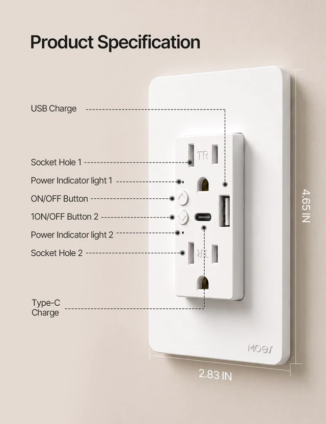 Alt view image 7 of 7 - Smart in-Wall Outlet, USB-C & USB-A, 15A, 2.4GHz WiFi, No Hub Required | Smart Life/Tuya APP Remote Control, Works with Alexa and Google Assistant for Hands-Free Voice Control
