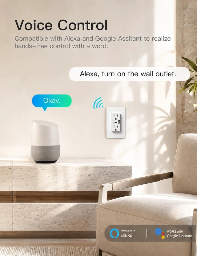 Alt view image 5 of 7 - Smart in-Wall Outlet, USB-C & USB-A, 15A, 2.4GHz WiFi, No Hub Required | Smart Life/Tuya APP Remote Control, Works with Alexa and Google Assistant for Hands-Free Voice Control