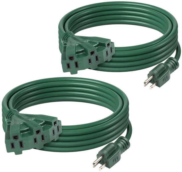 Main image of 2-Pack 15Ft Outdoor Extension Cord with 3 Outlets 16/3 SJTW Power Cord, 3-Prong Grounded Plug, for Landscaping & Holiday Decorations, ETL Listed