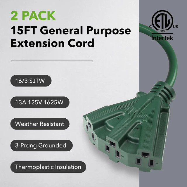 Alt view image 2 of 6 - 2-Pack 15Ft Outdoor Extension Cord with 3 Outlets 16/3 SJTW Power Cord, 3-Prong Grounded Plug, for Landscaping & Holiday Decorations, ETL Listed