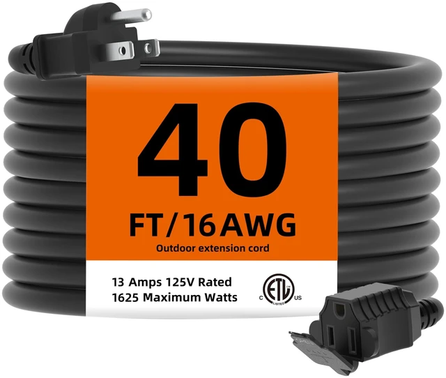 Main image of Indoor Outdoor Extension Cord Waterproof, 40 Feet 3 Prong Power Cord for Home and Garden, 16 AWG, 13A/1625W, ETL Listed