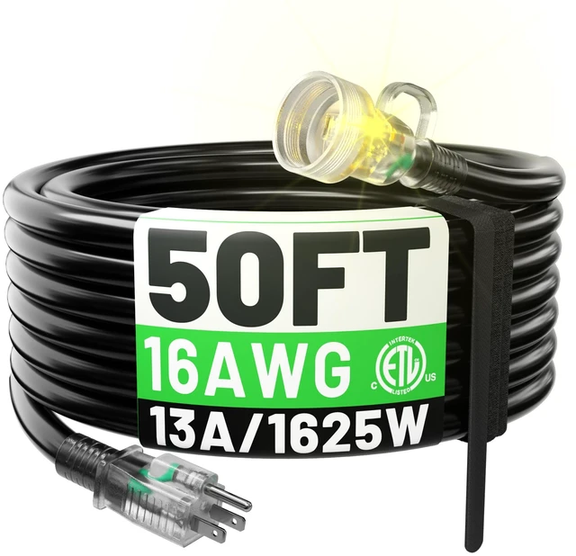 Main image of 50 FT 16 Gauge Black Indoor/Outdoor Extension Cord Waterproof | Waterproof and Dustproof Female Connector, Lighted Indicator End, 50 Foot Electric Cable, SJTW 13A 1625W 16AWG, ETL Listed