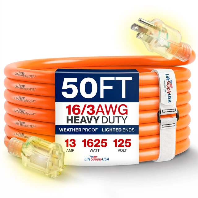 Main image of 50ft Outdoor/Indoor Extension Cord 16/3 Gauge Heavy Duty 3 Prong SJTW, Waterproof, Flexible Cold-Resistant Long Power Cord,13A 125V 1625W, Orange