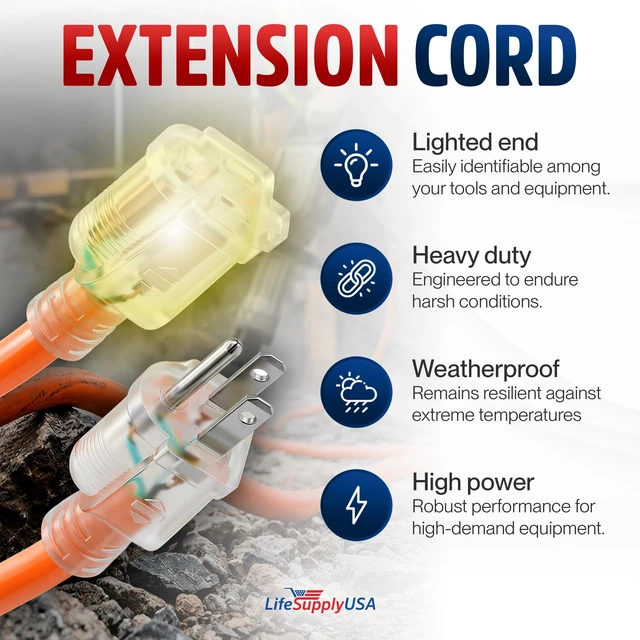 Alt view image 2 of 7 - 50ft Outdoor/Indoor Extension Cord 16/3 Gauge Heavy Duty 3 Prong SJTW, Waterproof, Flexible Cold-Resistant Long Power Cord,13A 125V 1625W, Orange