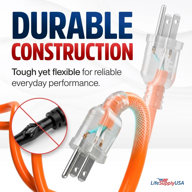 Alt view image 3 of 7 - 50ft Outdoor/Indoor Extension Cord 16/3 Gauge Heavy Duty 3 Prong SJTW, Waterproof, Flexible Cold-Resistant Long Power Cord,13A 125V 1625W, Orange