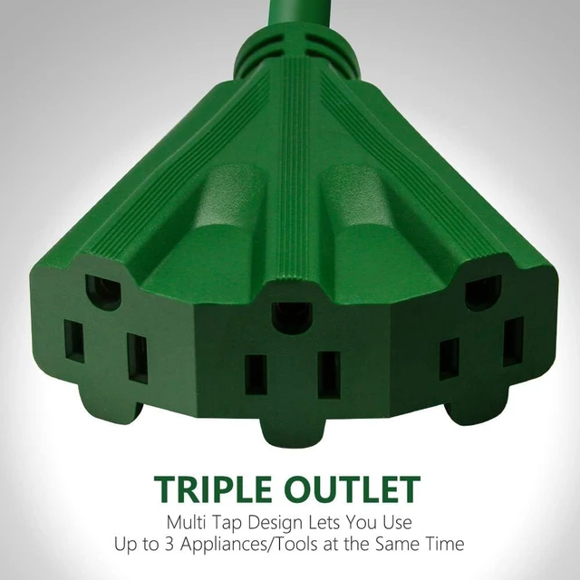 Alt view image 3 of 6 - 50FT Outdoor Extension Cord, 16/3 SJTW Tri-Tap Power Cable, Weatherproof, Heavy Duty Extension Cord for Holiday Decoration and Landscaping Lights,Green