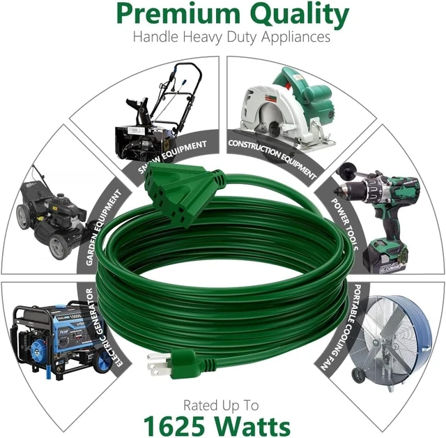 Alt view image 4 of 6 - 50FT Outdoor Extension Cord, 16/3 SJTW Tri-Tap Power Cable, Weatherproof, Heavy Duty Extension Cord for Holiday Decoration and Landscaping Lights,Green