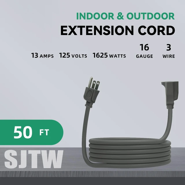 Alt view image 2 of 7 - 16 Gauge Outdoor Extension Cord 50 FT Waterproof, | 16/3 Heavy Duty 3 Prong Extension Cord, 13A 1625W SJTW, ETL Listed, Great for Garden and Home