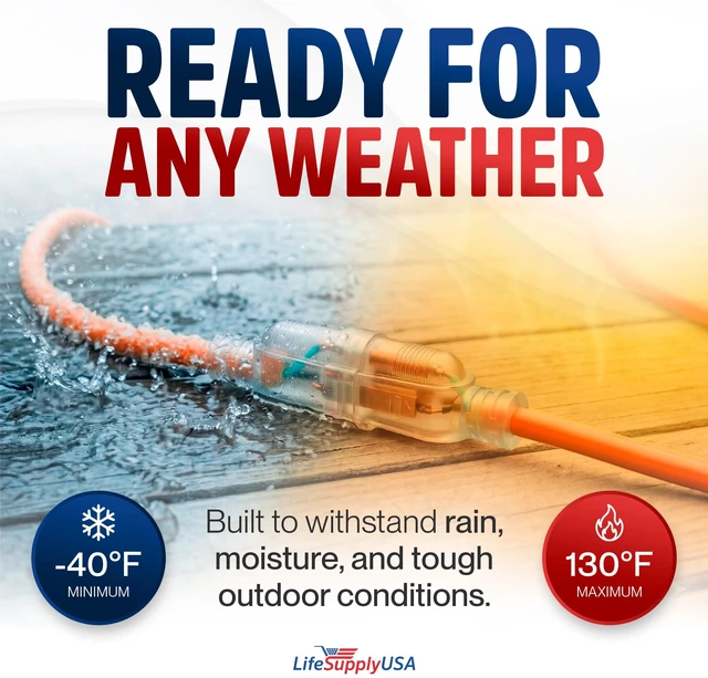 Alt view image 5 of 7 - 50ft Outdoor/Indoor Extension Cord 16/3 Gauge Heavy Duty 3 Prong SJTW, Waterproof, Flexible Cold-Resistant Long Power Cord,13A 125V 1625W, Orange