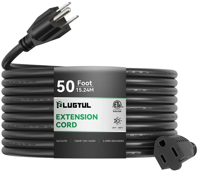 Main image of Outdoor Extension Cord 50 FT | 16/3 Gauge Black Heavy Duty 3 Prong Extension Cord, 13A 1625W SJTW, ETL Listed, Great for Garden and Home