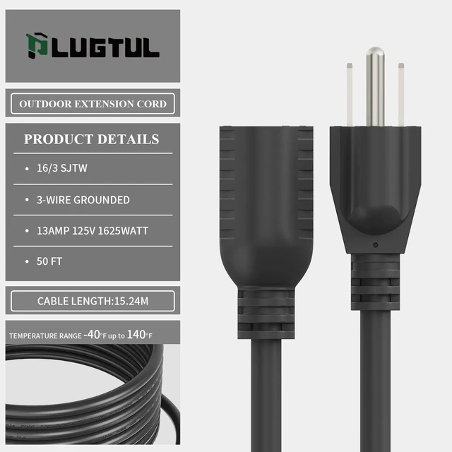 Alt view image 3 of 7 - Outdoor Extension Cord 50 FT | 16/3 Gauge Black Heavy Duty 3 Prong Extension Cord, 13A 1625W SJTW, ETL Listed, Great for Garden and Home