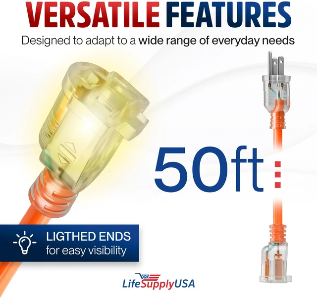 Alt view image 6 of 7 - 50ft Outdoor/Indoor Extension Cord 16/3 Gauge Heavy Duty 3 Prong SJTW, Waterproof, Flexible Cold-Resistant Long Power Cord,13A 125V 1625W, Orange