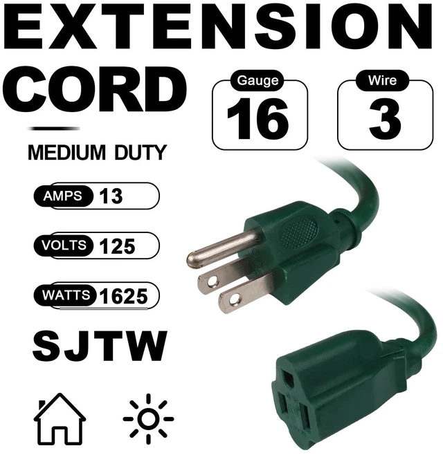 Alt view image 2 of 7 - 50 FT Outdoor Extension Cord, 16/3 SJTW Heavy Duty Green, ETL Listed | 16 AWG 3 Prong Grounded Plug, 13A 1625W, Waterproof, Cold-Resistant Flexible, For Garden, Home, Christmas Lights