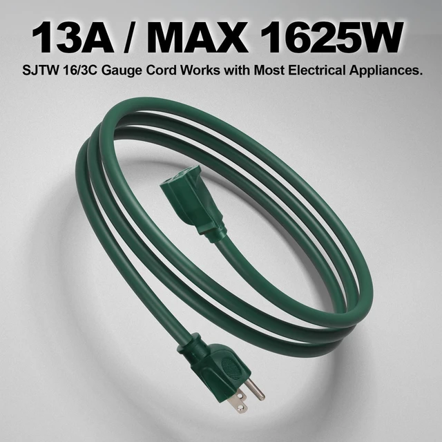 Alt view image 6 of 7 - 50 FT Outdoor Extension Cord, 16/3 SJTW Heavy Duty Green, ETL Listed | 16 AWG 3 Prong Grounded Plug, 13A 1625W, Waterproof, Cold-Resistant Flexible, For Garden, Home, Christmas Lights