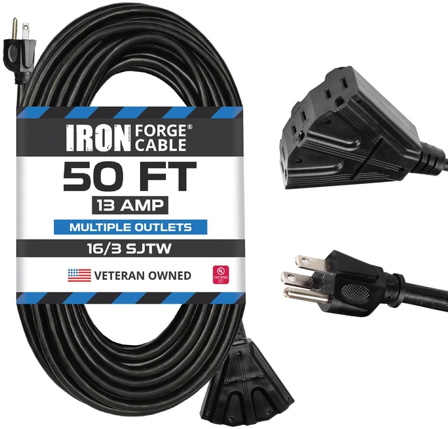 Main image of 16 Gauge Black Extension Cord Multi Outlet, 50 Ft - SJTW | 16/3 SJTW Cable, 3 Grounded Outlets, Lighted End, 3 Prong Plug, 13 Amp - For Landscaping, Holiday Lights, Appliances