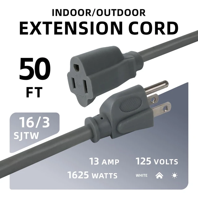 Alt view image 2 of 7 - 50 FT Outdoor Extension Cord, 16/3 SJTW Heavy Duty Grey, ETL Listed | 16 AWG 3 Prong Grounded Plug, 13A 1625W, Waterproof, Cold-Resistant Flexible, For Garden, Home, Christmas Lights