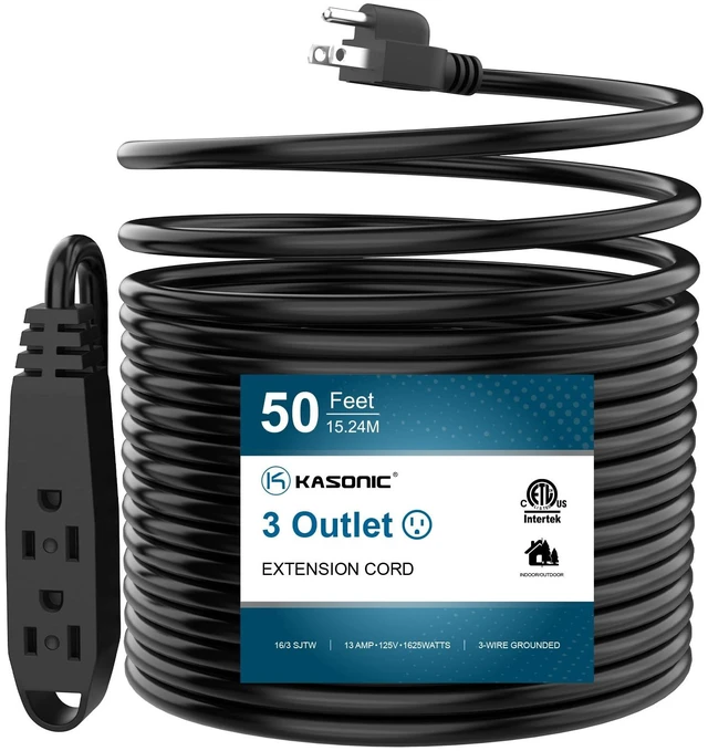 Main image of 50 FT 3 Outlet Extension Cord, 16/3 SJTW Grounded Cord, Black | 50 Ft Black Extension Cord with 3 Outlets, Heavy-Duty SJTW, 13A 125V 1625W, Indoor & Outdoor Use