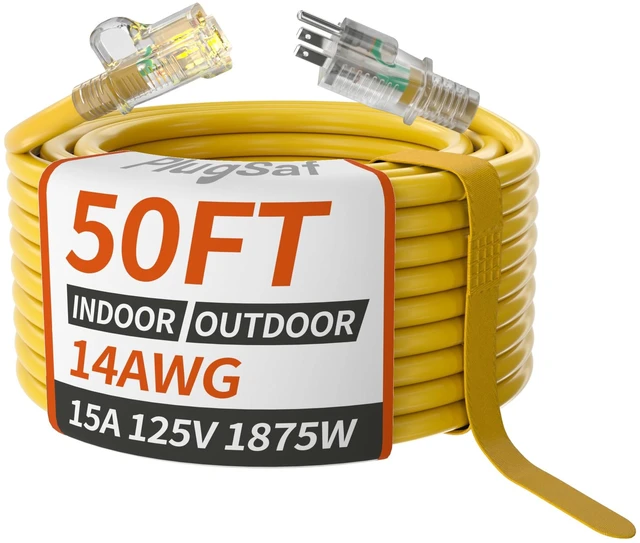 Main image of 14/3 AWG 50 FT Extension Cord, Heavy Duty Extension Cord, Yellow | Outdoor Extension Cord Waterproof with Lighted Indicator, Long Extension Cord 50 Ft with Hook, 15A 1875W SJTW, ETL Listed