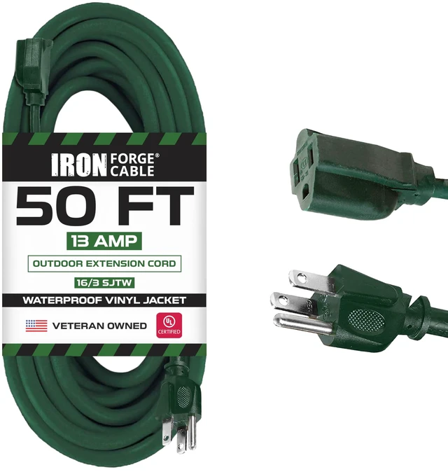 Main image of 16 Gauge Heavy Duty Green Extension Cord, 50 Ft - SJTW | 16/3 SJTW Cable, 3 Prong Grounded Plug, 13 Amp - For Landscaping, Leaf Blowers, Lights, Appliances
