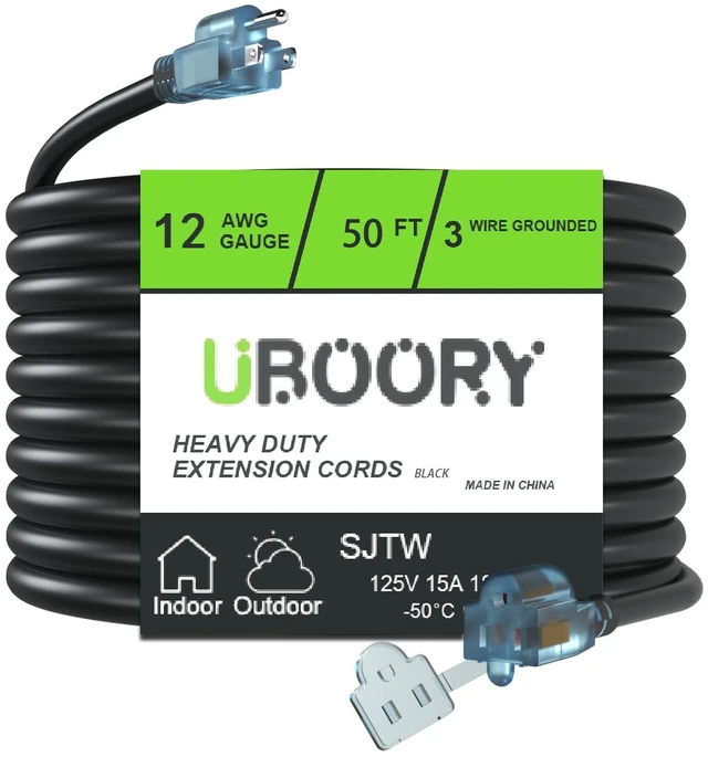 Main image of Outdoor Extension Cord Waterproof 50 FT, Black 12/3 SJTW Heavy Duty, Flexible 100% Copper 3 Prong Extension Cord for Lawn, Garage