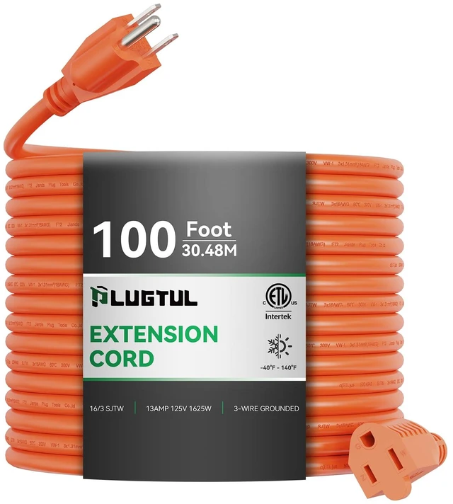 Main image of Outdoor Extension Cord 100 FT | 16/3 Gauge Heavy Duty 3 Prong Extension Cord, 13A 1625W SJTW, ETL Listed, Great for Garden and Home, Orange