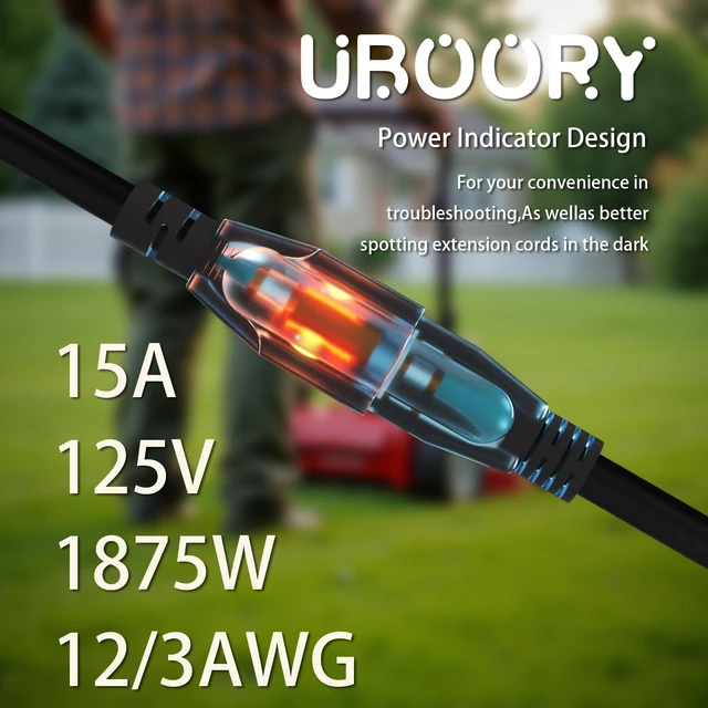 Alt view image 6 of 6 - Outdoor Extension Cord Waterproof 50 FT, Black 12/3 SJTW Heavy Duty, Flexible 100% Copper 3 Prong Extension Cord for Lawn, Garage
