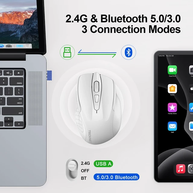 Alt view image 2 of 7 - Wireless Mouse, BT 5.0/2.4G, Silent 4800 DPI 6 Buttons, White | Bluetooth 5.0/3.0 & USB A, 2-Device Easy Switch, Wide OS Compatible, 6-DPI, Ergonomic for S/M Hands, Extended Battery