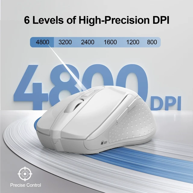 Alt view image 4 of 7 - Wireless Mouse, BT 5.0/2.4G, Silent 4800 DPI 6 Buttons, White | Bluetooth 5.0/3.0 & USB A, 2-Device Easy Switch, Wide OS Compatible, 6-DPI, Ergonomic for S/M Hands, Extended Battery