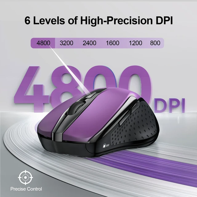 Alt view image 4 of 7 - Wireless Mouse, BT 5.0/2.4G, Silent 4800 DPI 6 Buttons, Purple | Bluetooth 5.0/3.0 & USB A, 2-Device Easy Switch, Wide OS Compatible, 6-DPI, Ergonomic for S/M Hands, Extended Battery