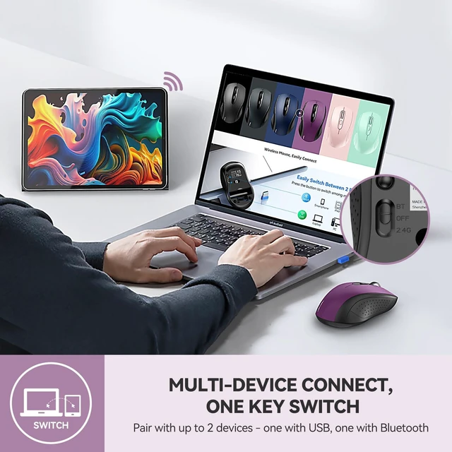 Alt view image 2 of 7 - 2-in-1 Bluetooth Mouse (BT 5.0/3.0+2.4Ghz), 6-Level 4000 DPI-Purple | BT 5.0/3.0 & 2.4G wireless mouse with 4000 DPI, silent clicks, ergonomic design, and USB receiver for laptop and PC.