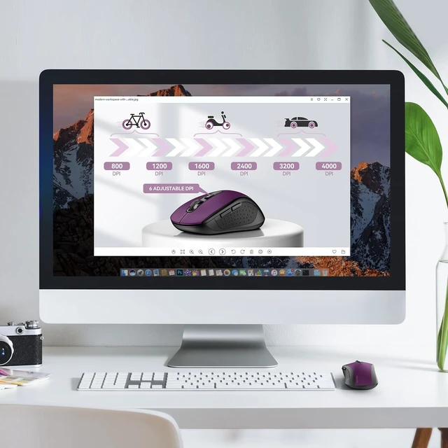 Alt view image 3 of 7 - 2-in-1 Bluetooth Mouse (BT 5.0/3.0+2.4Ghz), 6-Level 4000 DPI-Purple | BT 5.0/3.0 & 2.4G wireless mouse with 4000 DPI, silent clicks, ergonomic design, and USB receiver for laptop and PC.