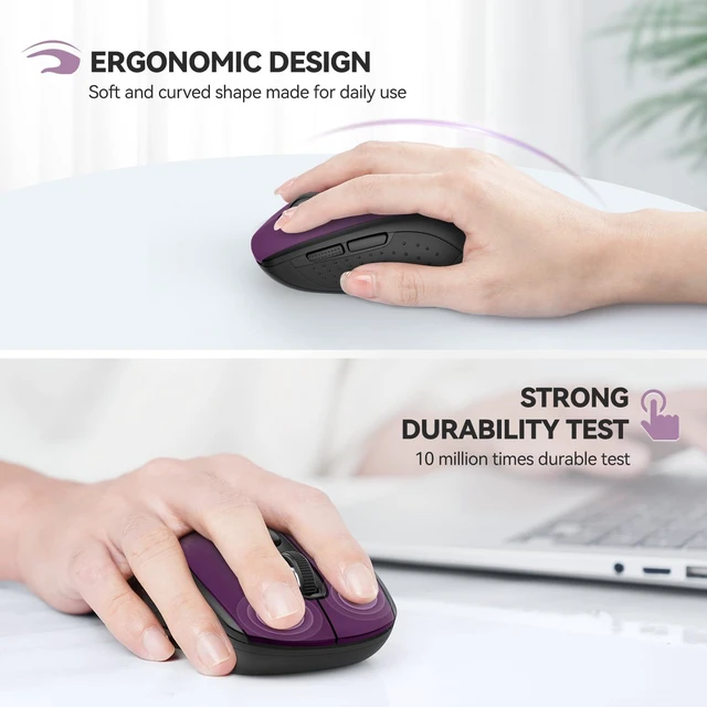 Alt view image 4 of 7 - 2-in-1 Bluetooth Mouse (BT 5.0/3.0+2.4Ghz), 6-Level 4000 DPI-Purple | BT 5.0/3.0 & 2.4G wireless mouse with 4000 DPI, silent clicks, ergonomic design, and USB receiver for laptop and PC.