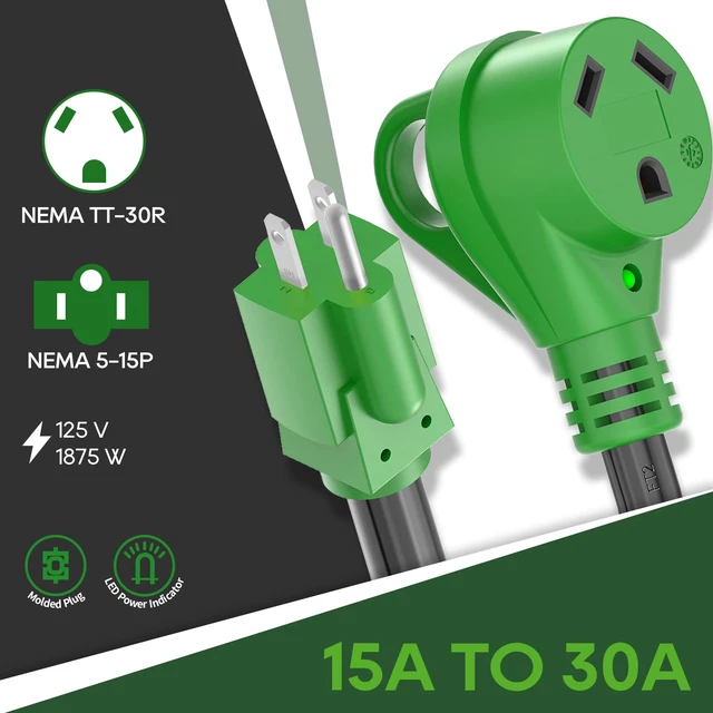 Alt view image 3 of 7 - 30 Amp to 110 Volt RV Adapter Cord | NEMA 5-15P to NEMA TT-30R Electrical Power Adapter with LED Power Indicator, 12 Inch, Green, ETL Listed