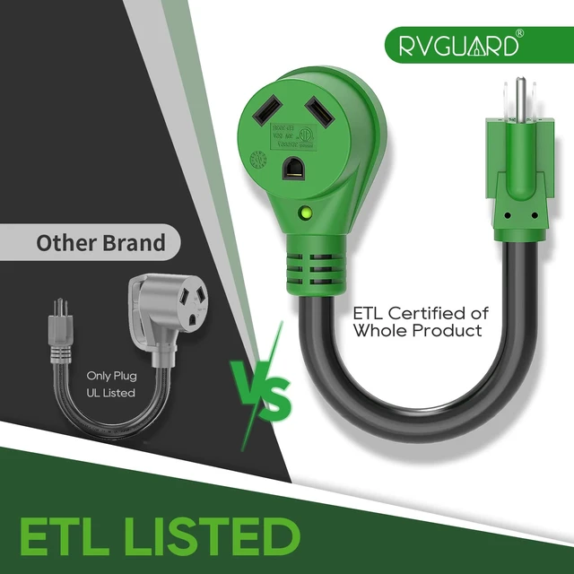 Alt view image 4 of 7 - 30 Amp to 110 Volt RV Adapter Cord | NEMA 5-15P to NEMA TT-30R Electrical Power Adapter with LED Power Indicator, 12 Inch, Green, ETL Listed