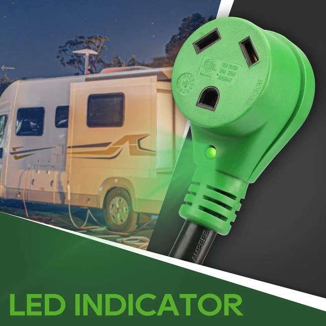 Alt view image 7 of 7 - 30 Amp to 110 Volt RV Adapter Cord | NEMA 5-15P to NEMA TT-30R Electrical Power Adapter with LED Power Indicator, 12 Inch, Green, ETL Listed