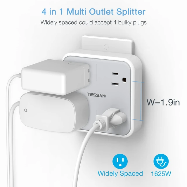 Alt view image 2 of 7 - Multi Plug Outlet Extender, Surge Protector Splitter | Multiple Outlet Wall Plug with 4 Outlets Wall Charger, Multiple Expander for Travel, Home, College Dorm Room, Gray