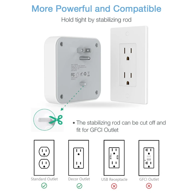 Alt view image 3 of 7 - Multi Plug Outlet Extender, Surge Protector Splitter | Multiple Outlet Wall Plug with 4 Outlets Wall Charger, Multiple Expander for Travel, Home, College Dorm Room, Gray