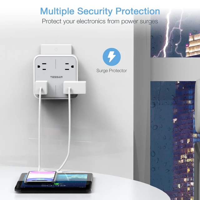 Alt view image 5 of 7 - Multi Plug Outlet Extender, Surge Protector Splitter | Multiple Outlet Wall Plug with 4 Outlets Wall Charger, Multiple Expander for Travel, Home, College Dorm Room, Gray