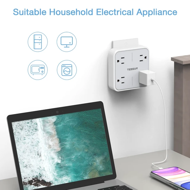 Alt view image 4 of 7 - Multi Plug Outlet Extender, Surge Protector Splitter | Multiple Outlet Wall Plug with 4 Outlets Wall Charger, Multiple Expander for Travel, Home, College Dorm Room, Gray