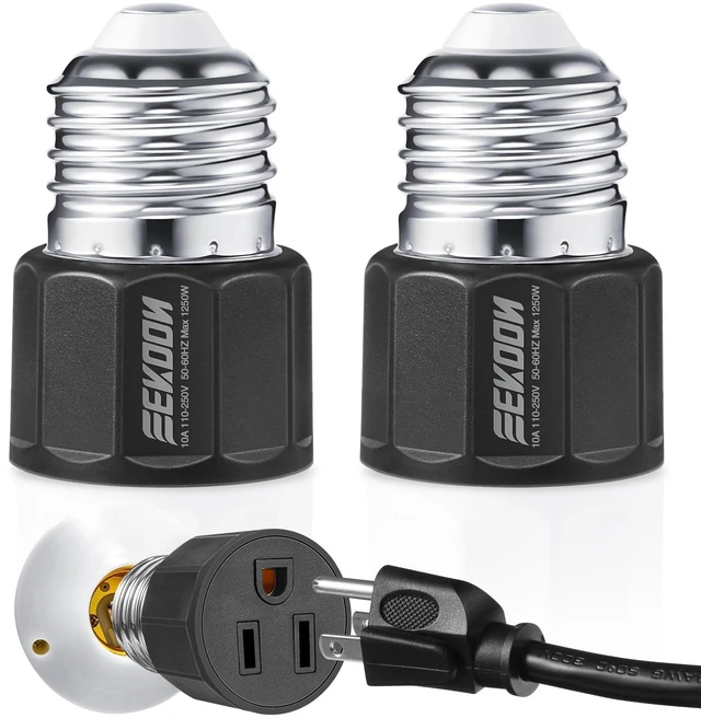 Main image of 2 Pack E26/E27 3 Prong Light Bulb Socket Adapter, Black | Polarized Light Sockets Outlet Converter, Lights Socket to Plug Adapter, Lights Bulb Plug Adapters for Patio, Garage, Porch