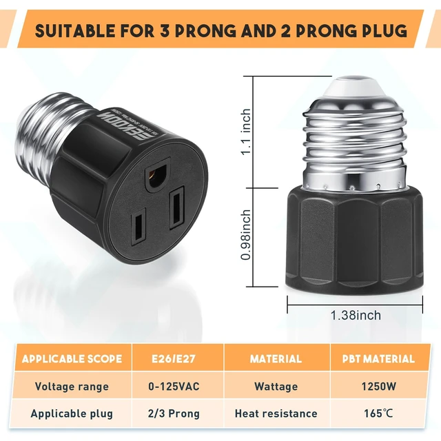 Alt view image 4 of 7 - 2 Pack E26/E27 3 Prong Light Bulb Socket Adapter, Black | Polarized Light Sockets Outlet Converter, Lights Socket to Plug Adapter, Lights Bulb Plug Adapters for Patio, Garage, Porch
