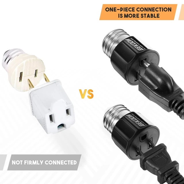 Alt view image 7 of 7 - 2 Pack E26/E27 3 Prong Light Bulb Socket Adapter, Black | Polarized Light Sockets Outlet Converter, Lights Socket to Plug Adapter, Lights Bulb Plug Adapters for Patio, Garage, Porch