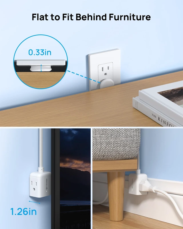 Alt view image 3 of 7 - Flat Outlet Extender with 6 Inch Cord, ETL Listed Flat Plug Adapter | 3 Way Outlet Splitter Fit Behind Furniture TV, Low Profile Multi Wall Plug for Kitchen Home Office Dorm Cruise Travel, White