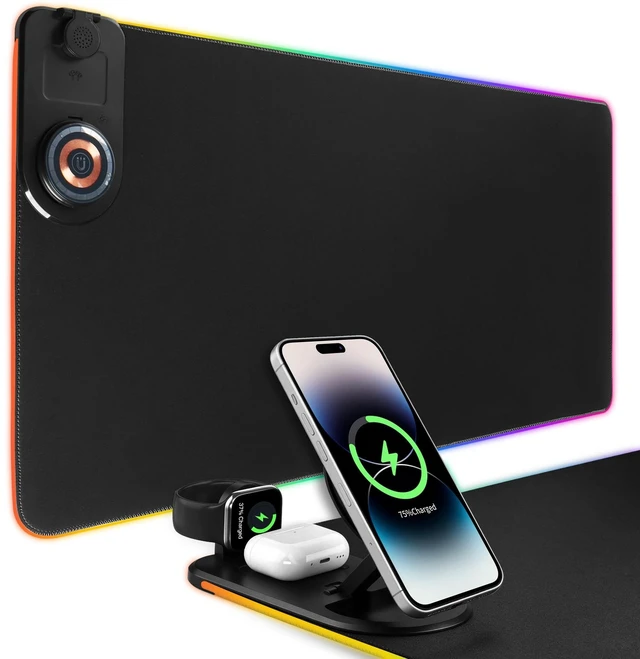Main image of RGB LED Gaming Mouse Pad with Magnetic Wireless Charging&Foldable Phone Holder,15 Light Modes,15W Fast Charge,Waterproof Keyboard Pad,80*40*0.4CM XXL Ultra-Smooth Desk Mat for MacBook,PC,Laptop