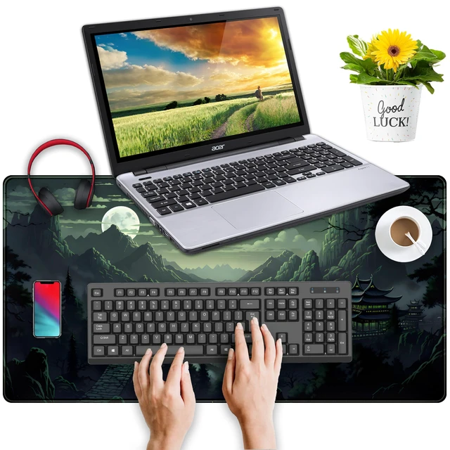 Alt view image 4 of 7 - XXL Large Gaming Mouse Pad Anime Green Moon Mountains Desk Mat, Desk Decor Mousepad Computer Mat, Non-Slip Rubber Base Desk Pad, Laptop Keyboard and Mouse Mat with Stitched Edges, 31.5x15.75 in