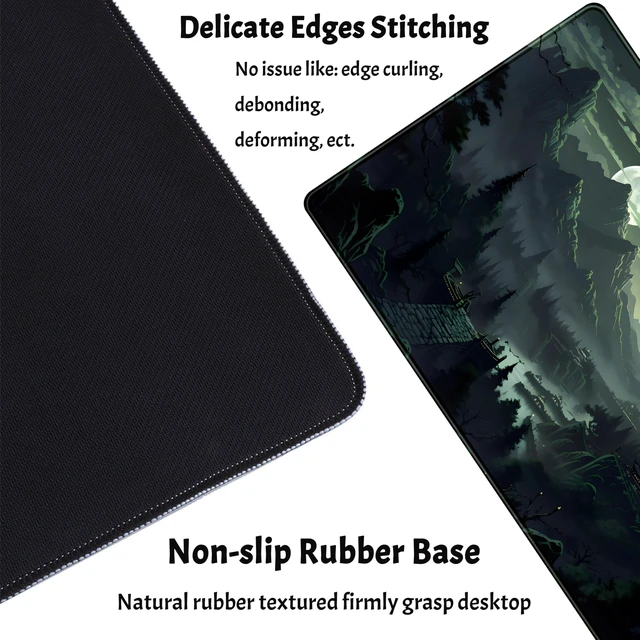 Alt view image 3 of 7 - XXL Large Gaming Mouse Pad Anime Green Moon Mountains Desk Mat, Desk Decor Mousepad Computer Mat, Non-Slip Rubber Base Desk Pad, Laptop Keyboard and Mouse Mat with Stitched Edges, 31.5x15.75 in
