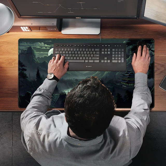 Alt view image 7 of 7 - XXL Large Gaming Mouse Pad Anime Green Moon Mountains Desk Mat, Desk Decor Mousepad Computer Mat, Non-Slip Rubber Base Desk Pad, Laptop Keyboard and Mouse Mat with Stitched Edges, 31.5x15.75 in