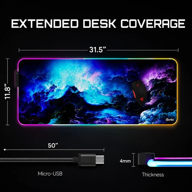 Alt view image 3 of 7 - RGB Gaming Mouse Pad, Large LED Mouse Pad for Gamer, 31.5" x 11.8" | Extended Size Design, Superior Micro-Weave Cloth, Non-Slip Rubber Base, Durable Stitched Edges, Water-Resistant Coating