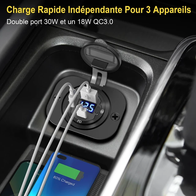Alt view image 2 of 7 - 78W 3 Port USB C 12V Outlet Dual PD 30W & 18W USB A Port | Voltmeter Lengthened Aluminum Body Switch Waterproof Car Charger Socket for Car, Boat, Marine, RV